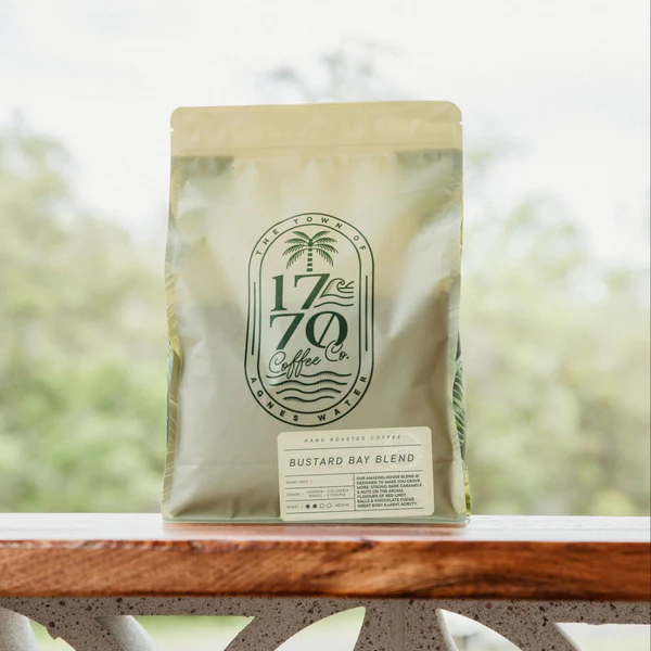 Coffee bag with '1770 Coffee Co.' branding on a blurred natural background