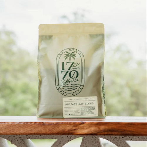 Coffee bag with '1770 Coffee Co.' branding on a blurred natural background