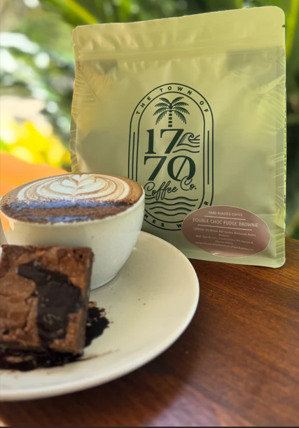1770 Coffee package with a cup of coffee and brownie on a wooden table