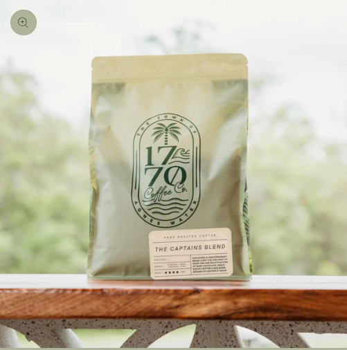 Coffee bag with '1770 Coffee Co.' branding on a blurred natural background